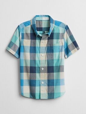 GAP Kids Blue Multi-Check 100% Cotton Short Sleeve Button-Down Shirt Size Small